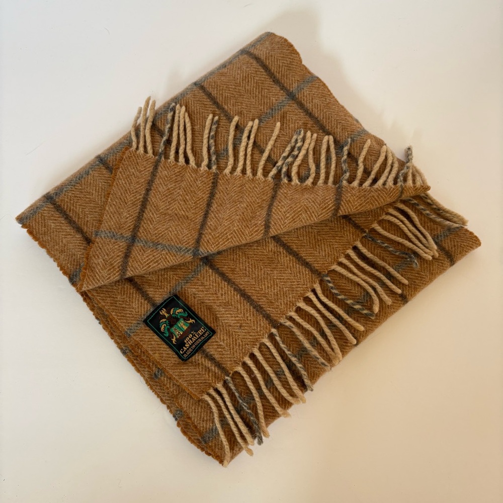Vntg Eagle Products Made In Germany Cashmere Scarf Men’s Plaid Camel Fringe Soft